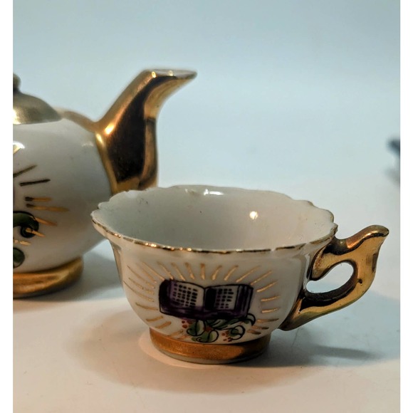 Miniature Teapot And Teacup Vintage Bible Print Religious Gold Plate Doll Teapot - Picture 2 of 7